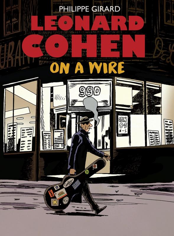 an illustration of leonard cohen walking down a street carrying a guitar