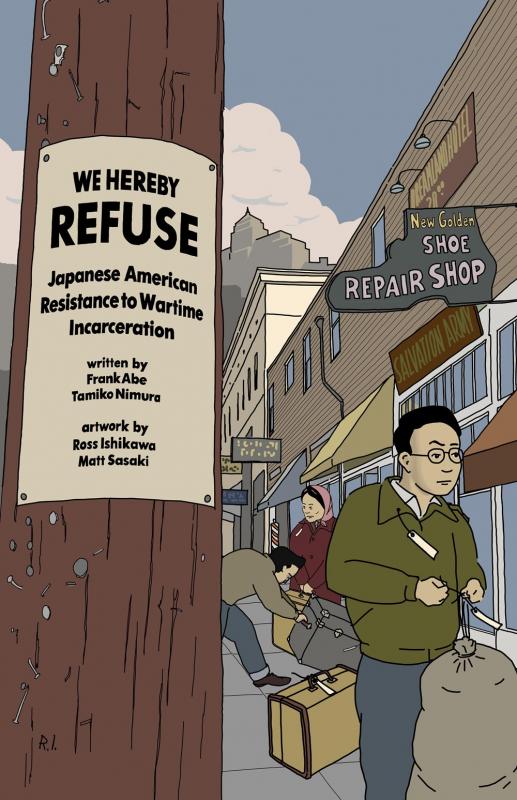 an illustration of a middle-aged Japanese American man walking past a telephone poll with a poster on it containing the book title.