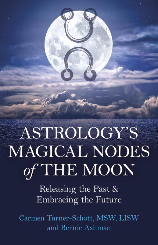 image of astrological node symbols over a full moon, over a clouded ocean