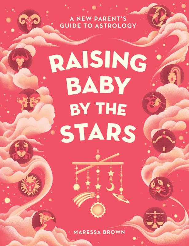 Twelve astrological symbols floating on pink clouds over a red/pink background with a cradle baby spinner in the center