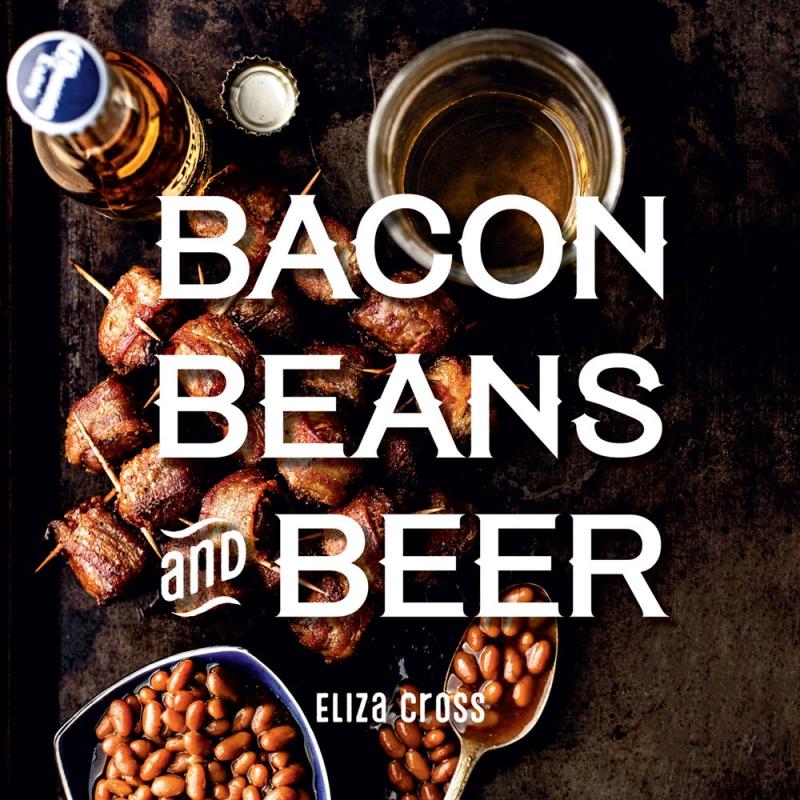 bacon beans and beer top down view on a table