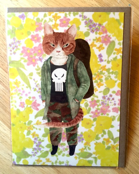 Furcoats and Backpacks greeting card (Beau—skull shirt)