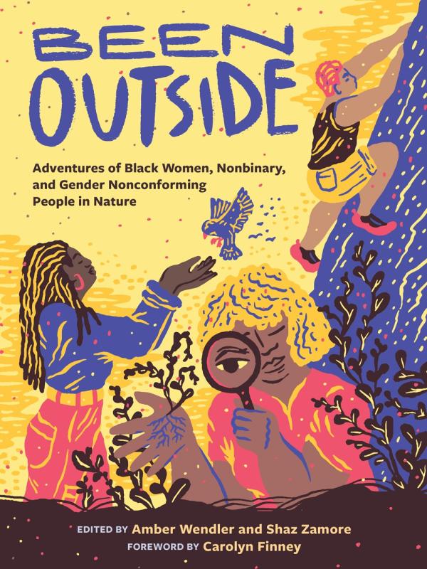 bright illustrations of Black folks exploring nature, climbing a rocky mountain, and more