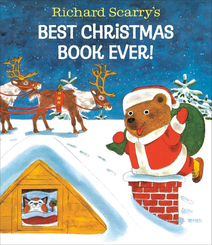 illustration of a bear dressed like santa on top of a snowy roof with reindeer with yellow and white text