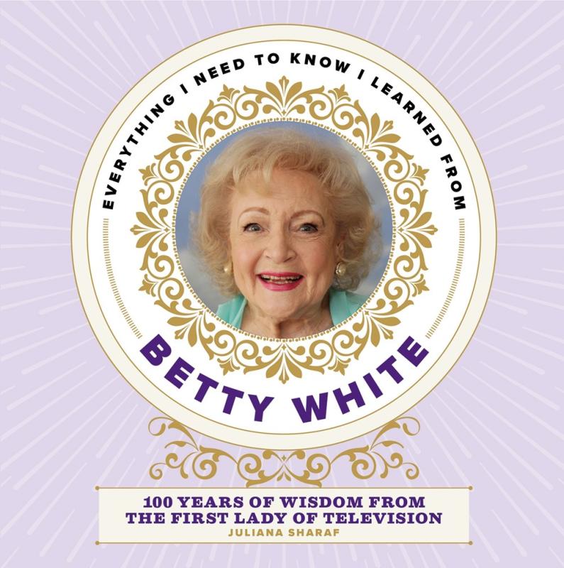 A circular portrait of Betty white, surrounded by an ornate gold/white rosette also containing the informational text, over a backdrop of blue.