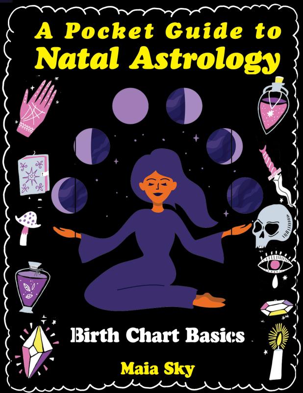 Black zine cover with a purple human figure surrounded by astrological symbols.