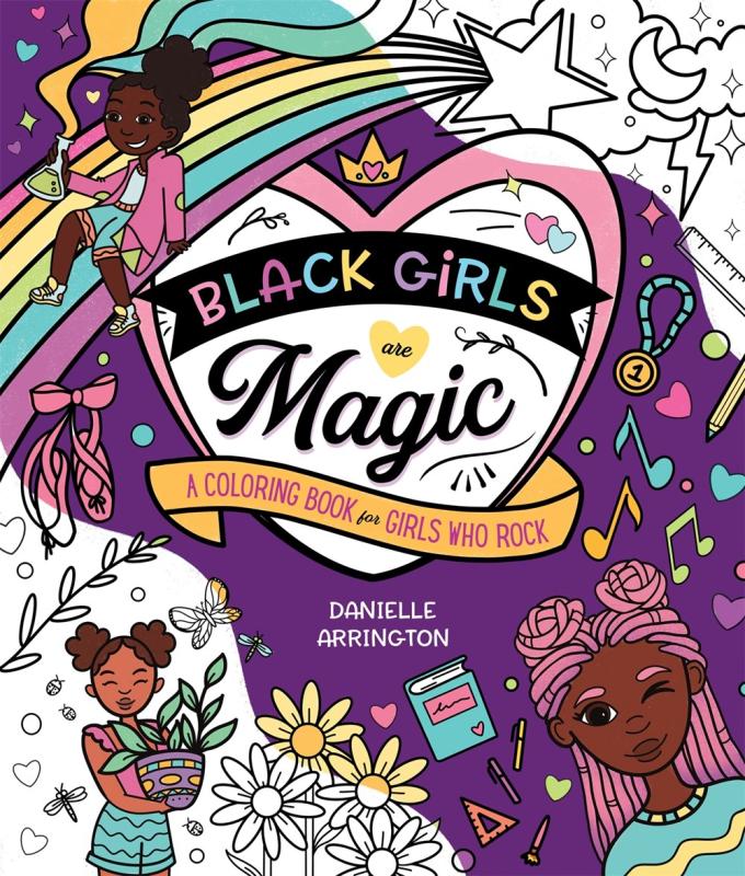 three different illustrated Black girls superimposed on a line drawing that has been partly colored in in purple and pink