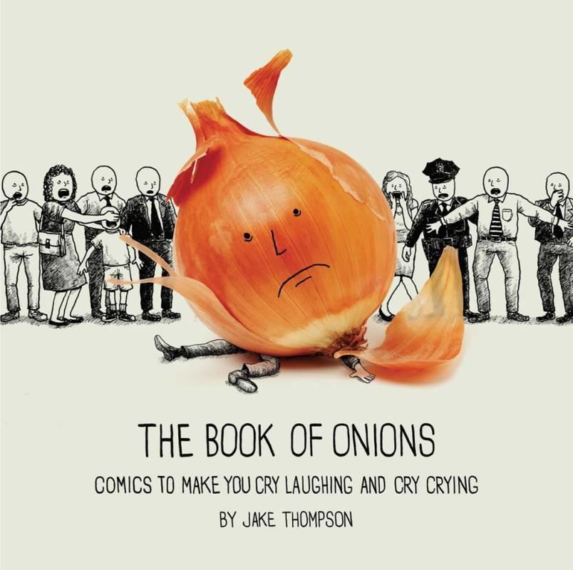 a photographic image of an onion squishing a drawn figure of a person, while other drawn people look on in horror