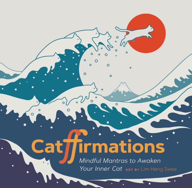 illustration of a wave with a white cat flying through the air with yellow text