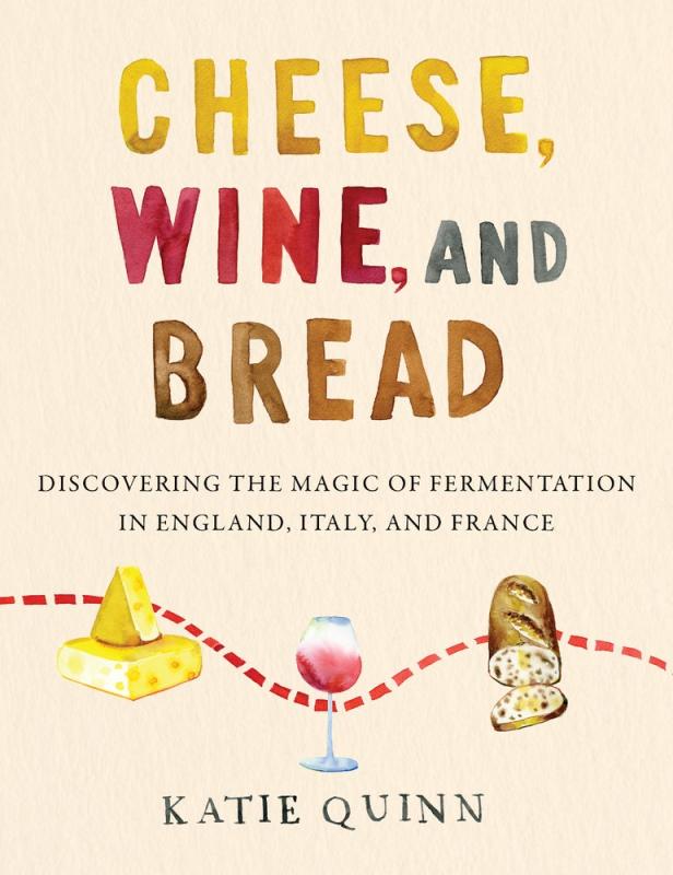 dotted line connecting pictures of cheese wine and bread over a beige background