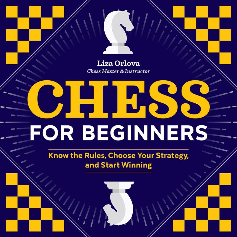 blue and yellow graphic with chess board and pieces