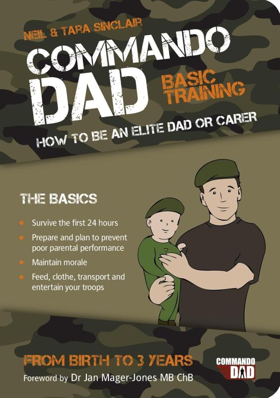 camo colored cover with illustration of a man holding a baby with white text