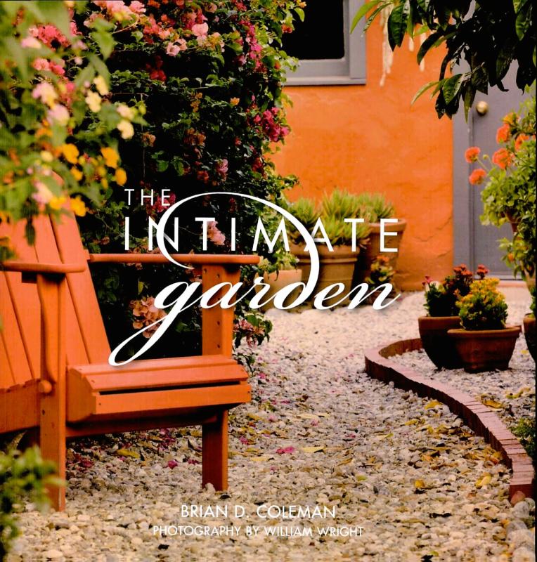 A square cover showing a garden with a gravel path and a red bench. The title is written in an elegant, white font.