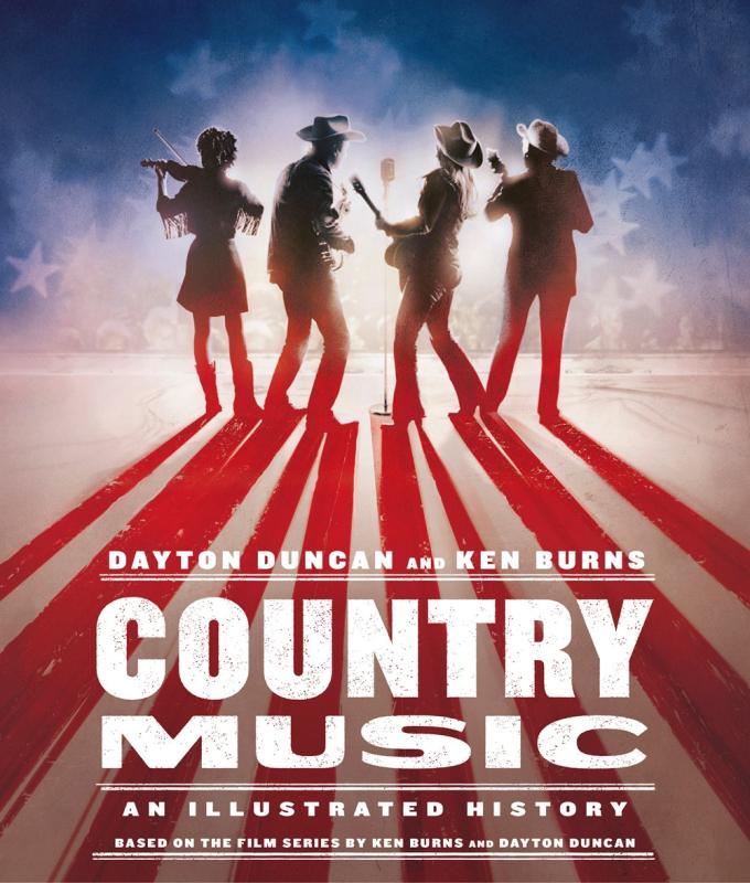 Some country music people play and their shadows suggest the american flag.