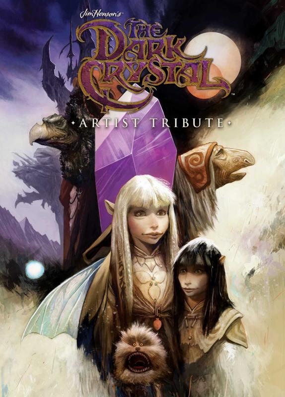 illustration of dark crystal characters with purple sky cover with red text