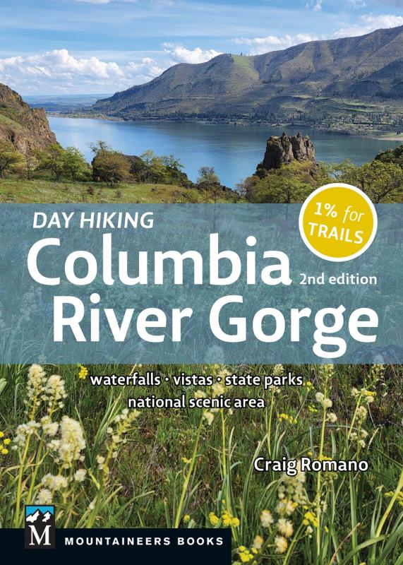 A photograph background of a field overlooking the Columbia River Gorge, with the info text on a banner over it.