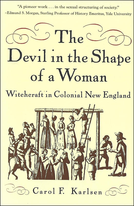 a gallows scene of women accused of witchcraft being hanged by men 