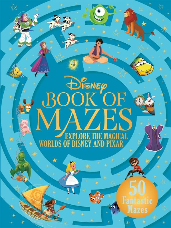 blue maze on cover with various disney characters floating around