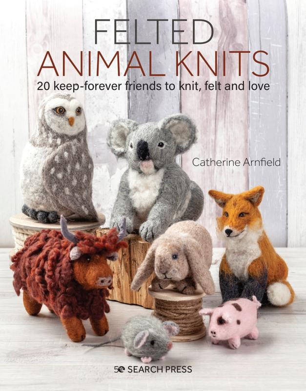 a photo of animal knits from the book, including a koala, fox, rabbit, and owl