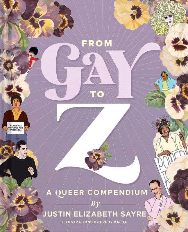 a purple cover with flower petals and various queer icons interspersed around the edge