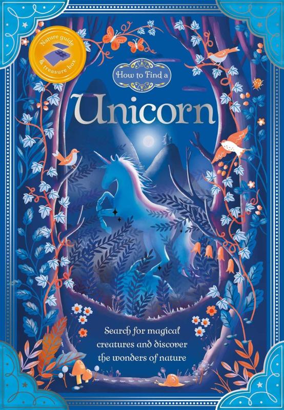 Box cover showing a unicorn in the woods on a moonlit night