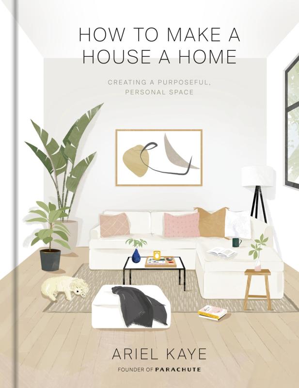 illustrated living room with dog sleeping with grey text