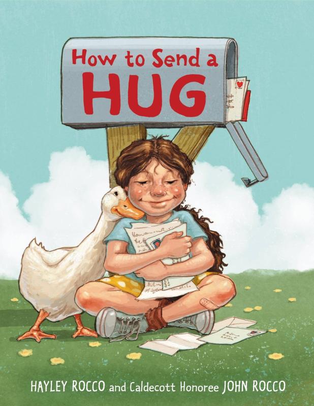 kid hugs a letter while sitting on grass, getting a hug from a goose