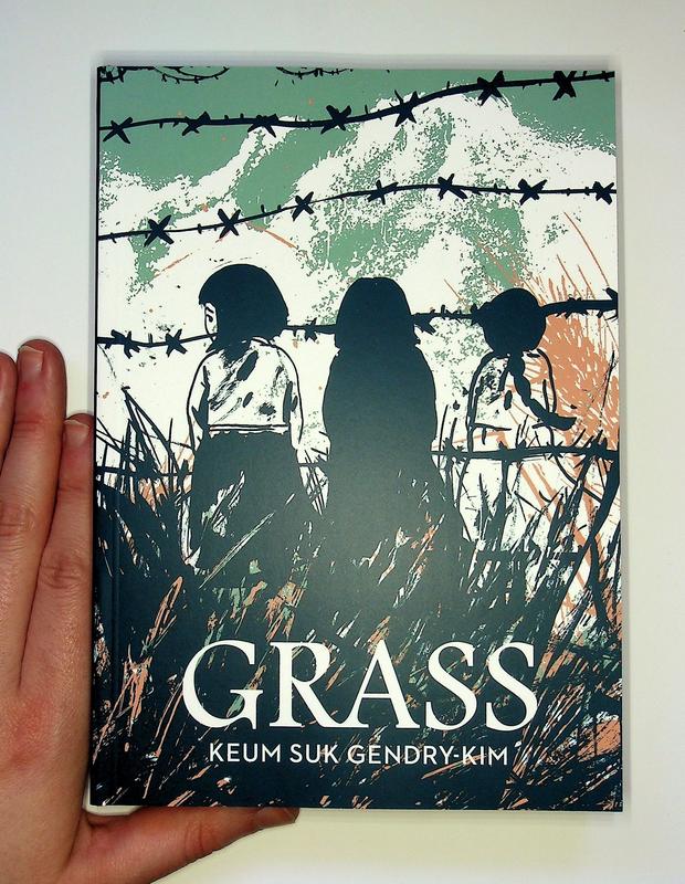 Three young girls standing behind barbed wire. There's a mountain in the background and grass in the foreground.