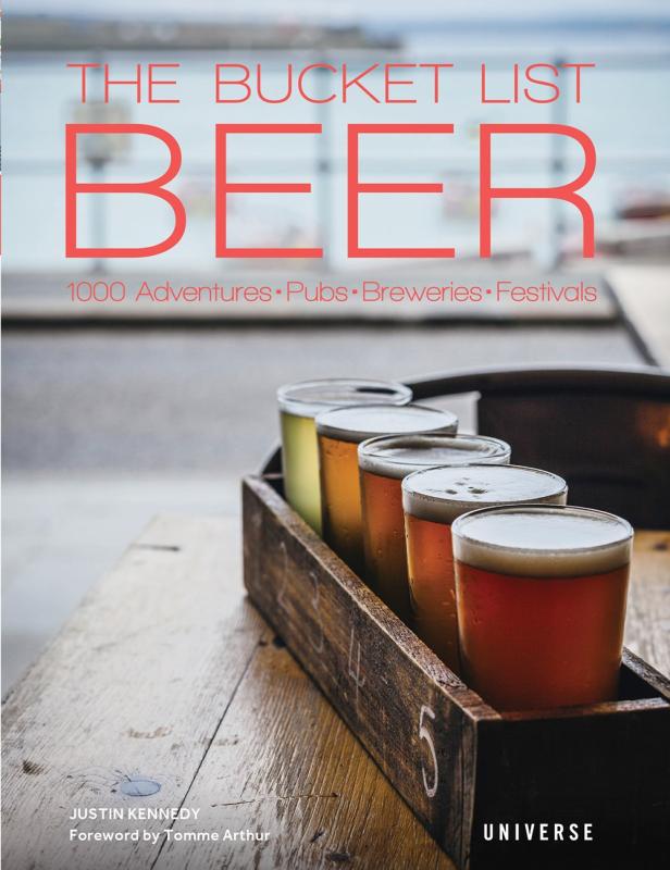 wooden table and flight holder with a flight of beer samples, offset