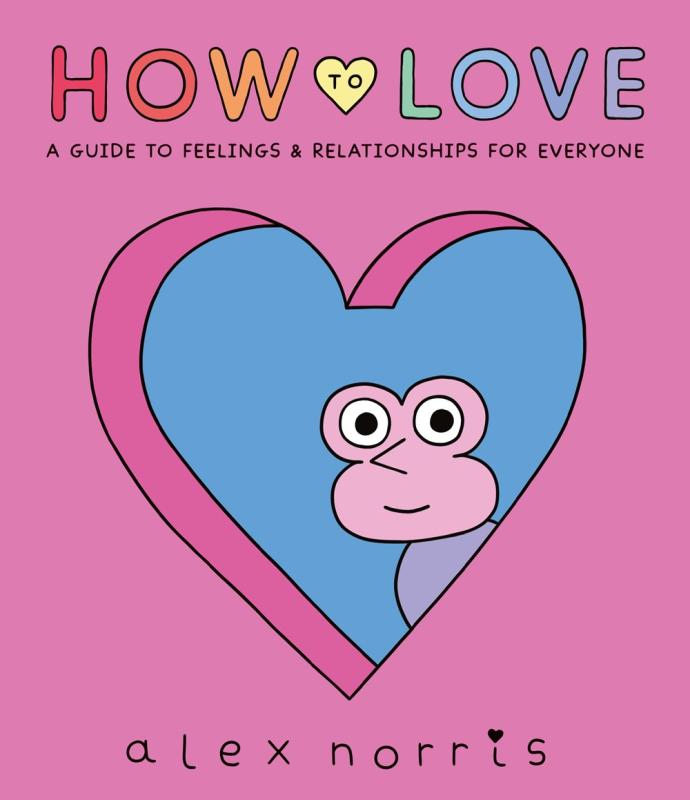 Pink cover with a blue heart and a little worm peeking through. 