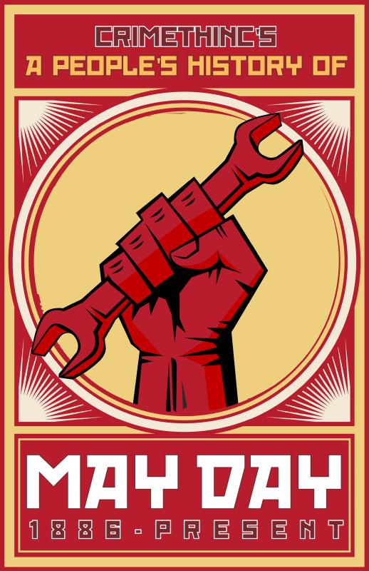 Red and gold designs surrounding a raised fist holding a wrench.