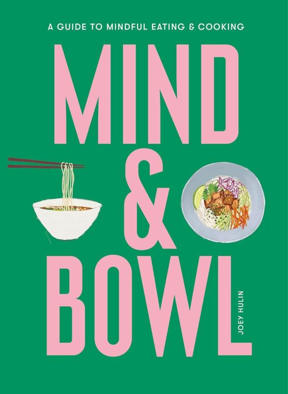 green cover with pink text with two bowls full of food