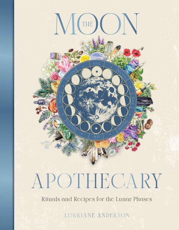 tan cover with blue banner with illustration of moon with flowers with blue text