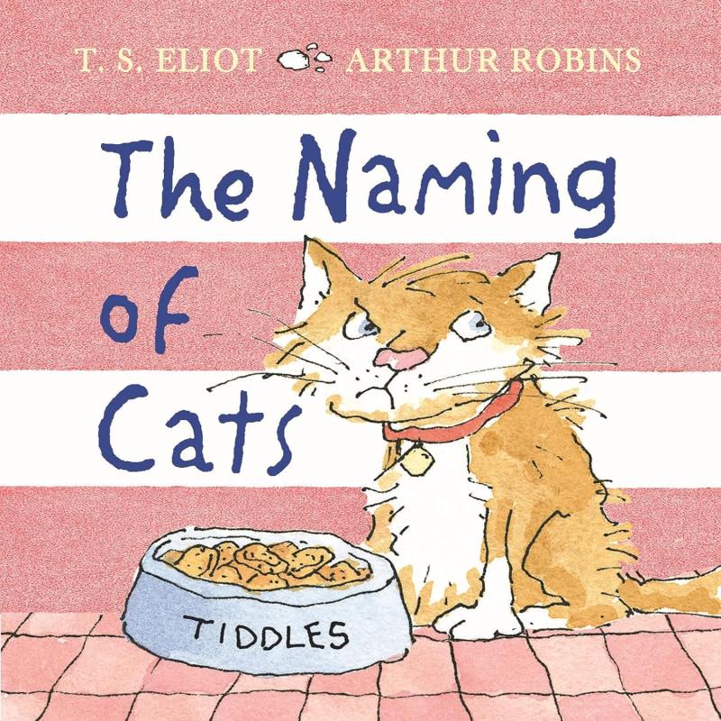 pink and white striped cover with yellow cat sitting next to a bowl of food with it's name on it