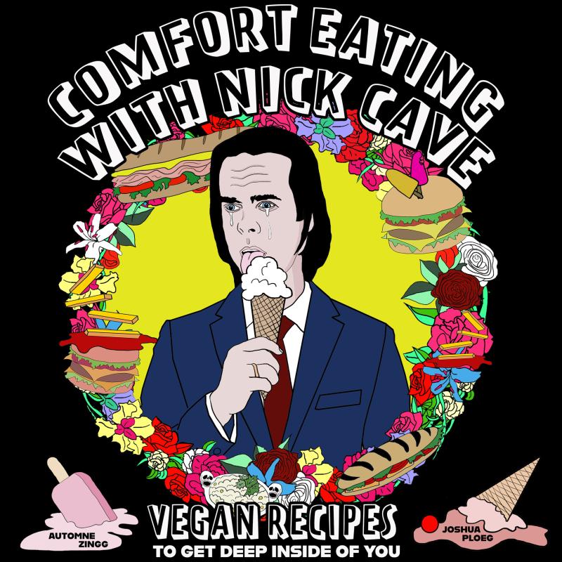 Drawing of a crying Nick Cave dripping ice cream onto a pile of comfort food