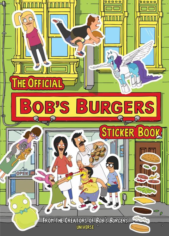 illustration of bobs burgers store front with the family with red text