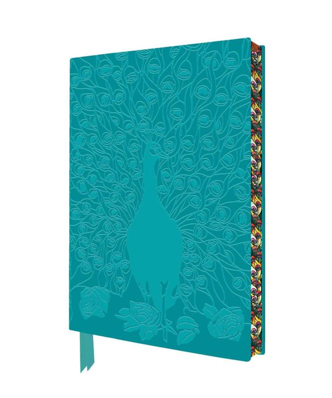 teal cover with embossed illustration of a peacock with ribbon and painted page edges