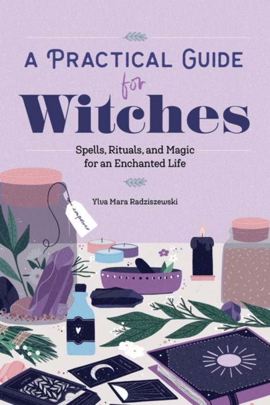 Purple book cover featuring illustration of a table full of witchy materials.