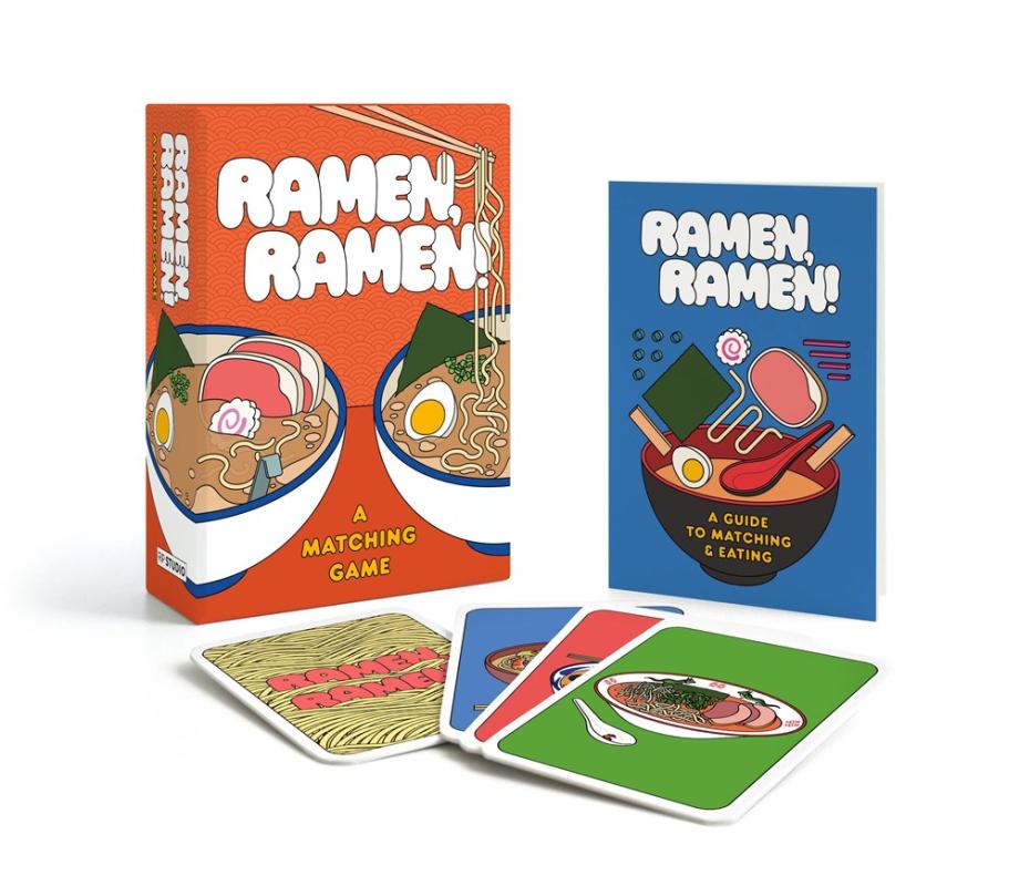 red box with white text with illustration of a bowl of noodles