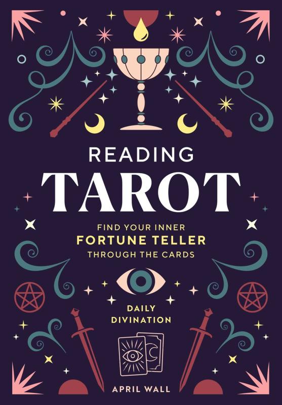 illustrations of tarot symbols like pentacles, swords, wands, moons, and stars