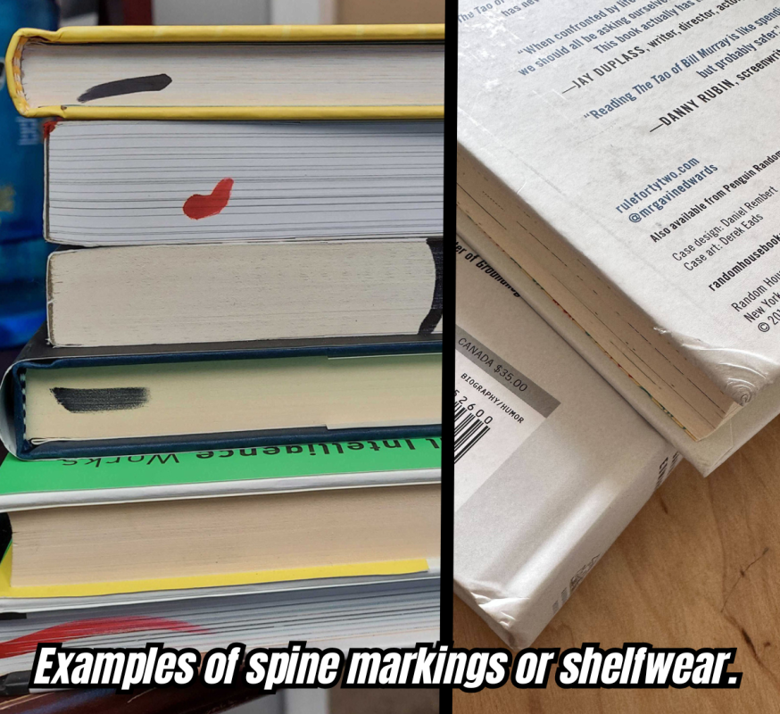 remaindered books with sharpie marks or bend edges
