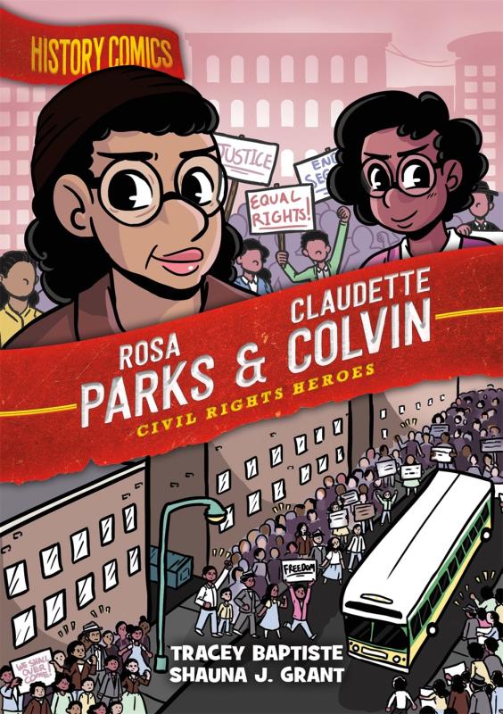 Comic image of two icons over protesters around busses 