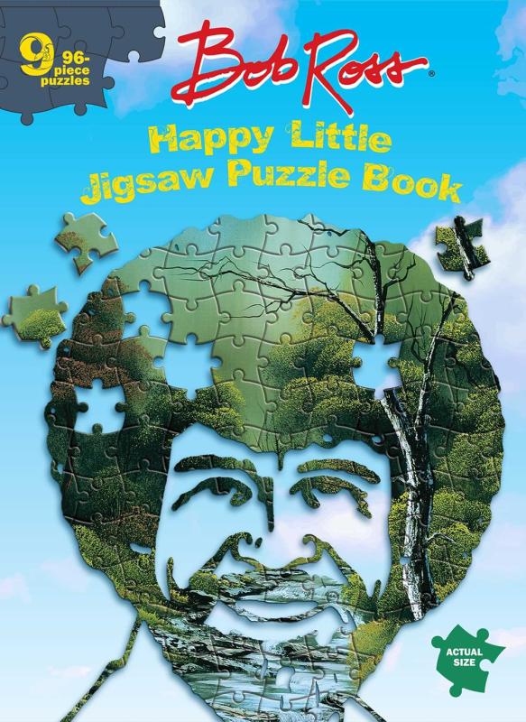 blue sky with illustration of bob ross as a painting in puzzle form with red and yellow text