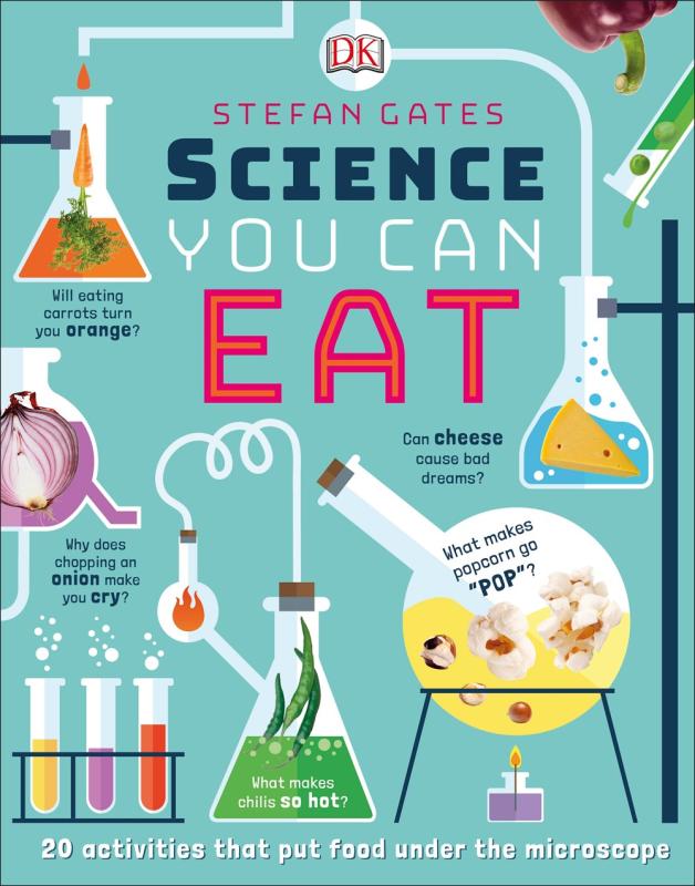 different images of foods inside bubbling test tube motifs