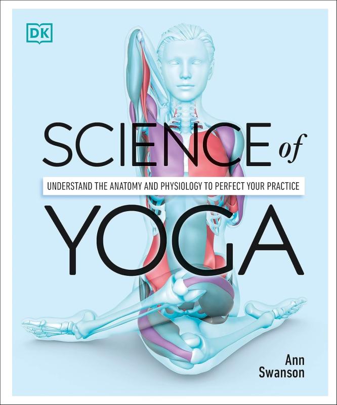 blue cover with black text with illustration of see through human body in yoga move