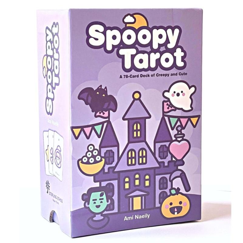 Cute spooky motifs inside a cartoon haunted house sample of the tarot box