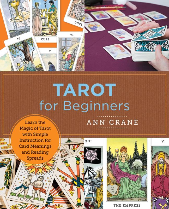 collage of tarot items on brown cover with blue and yellow text