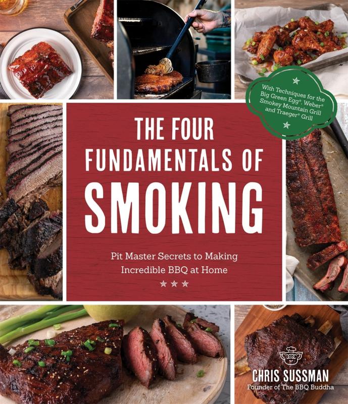 A collage of different smoked meats with a red box in the center bearing the title.