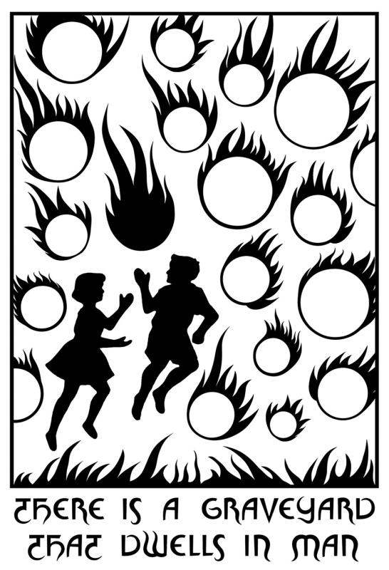 black and white image of two human silhouettes surrounded by meteoric balls with flame tails 