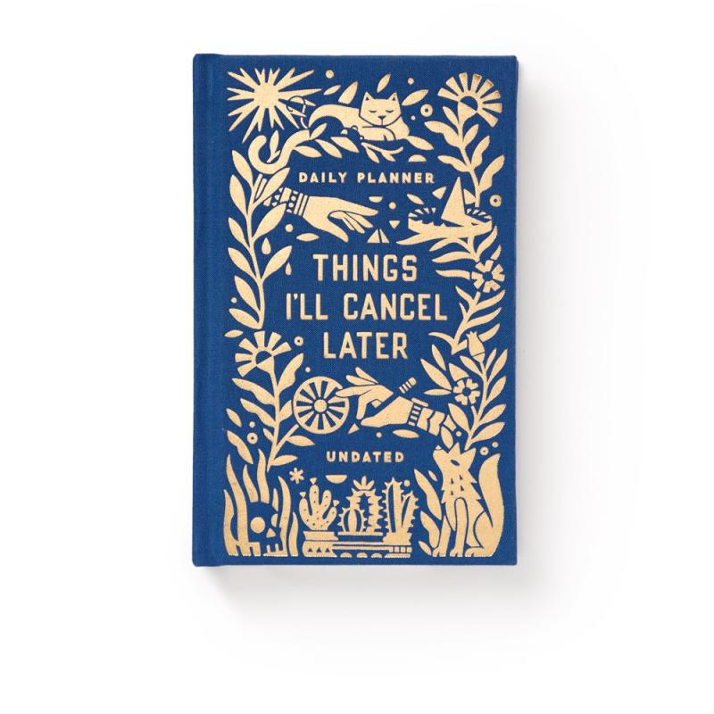 blue cover with gold designs and text